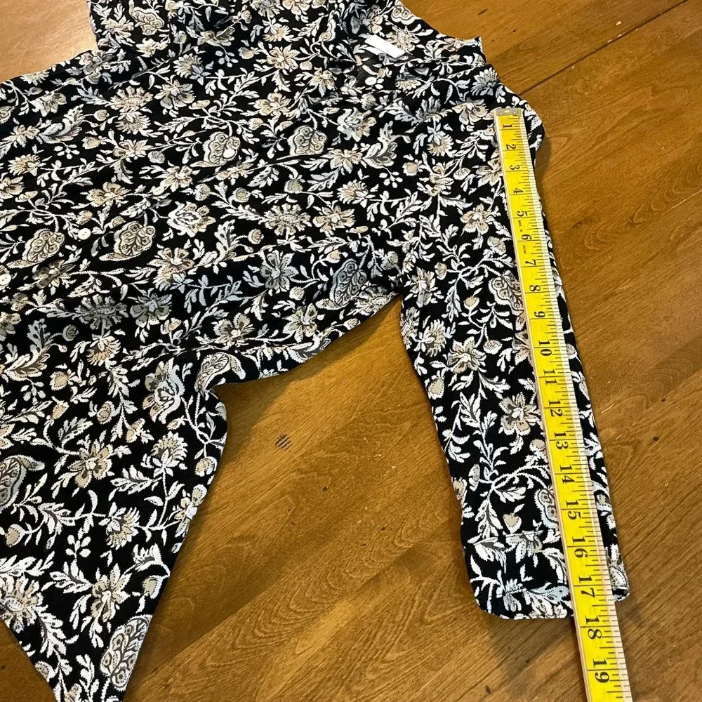 J. Jill Women's Black Floral Rayon 3/4 Sleeve Button Up Shirt Top Blouse Sz M